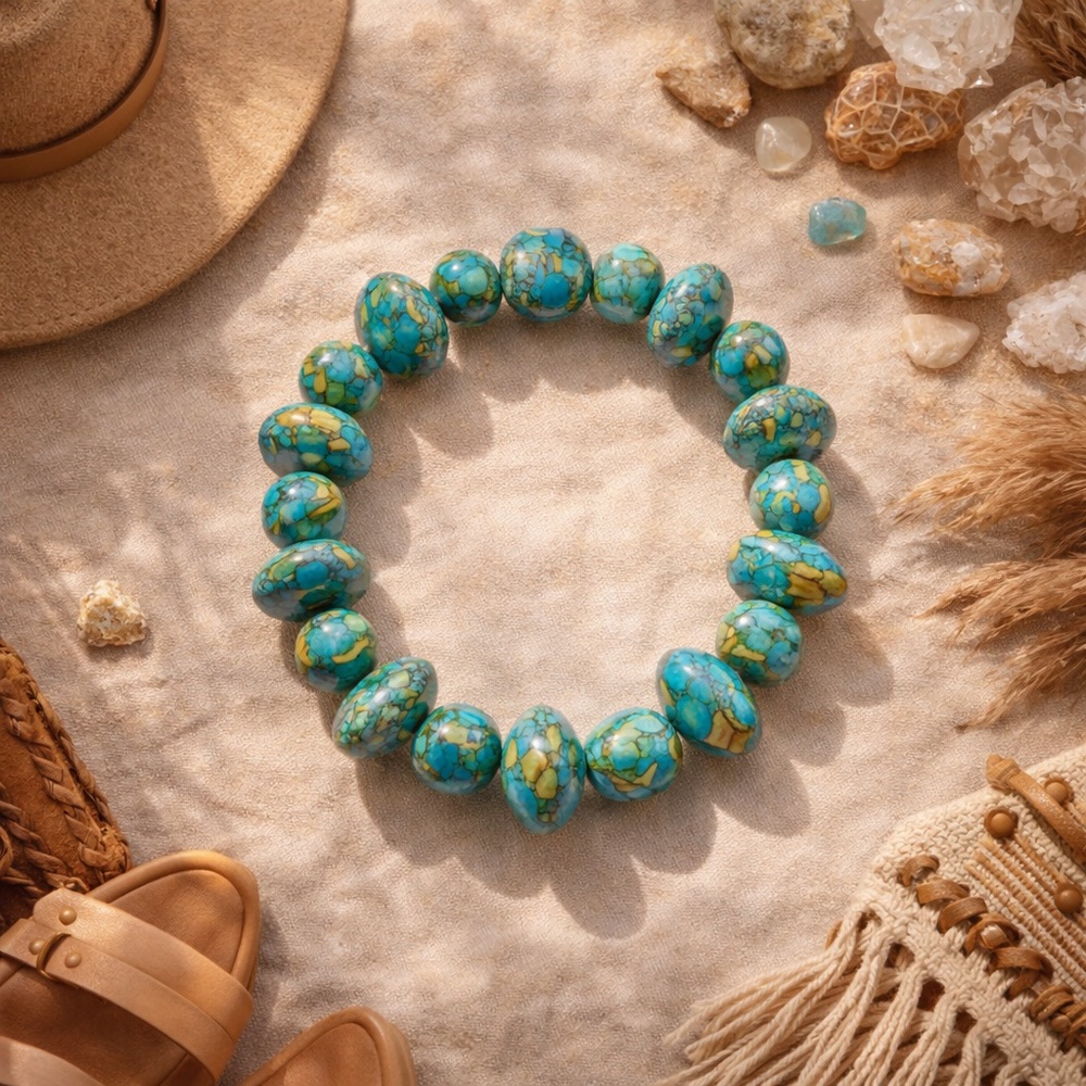 Turquoise Beaded Stretch Bracelet Blue Green Stone Statement Boho Jewelry - Picture 2 of 9